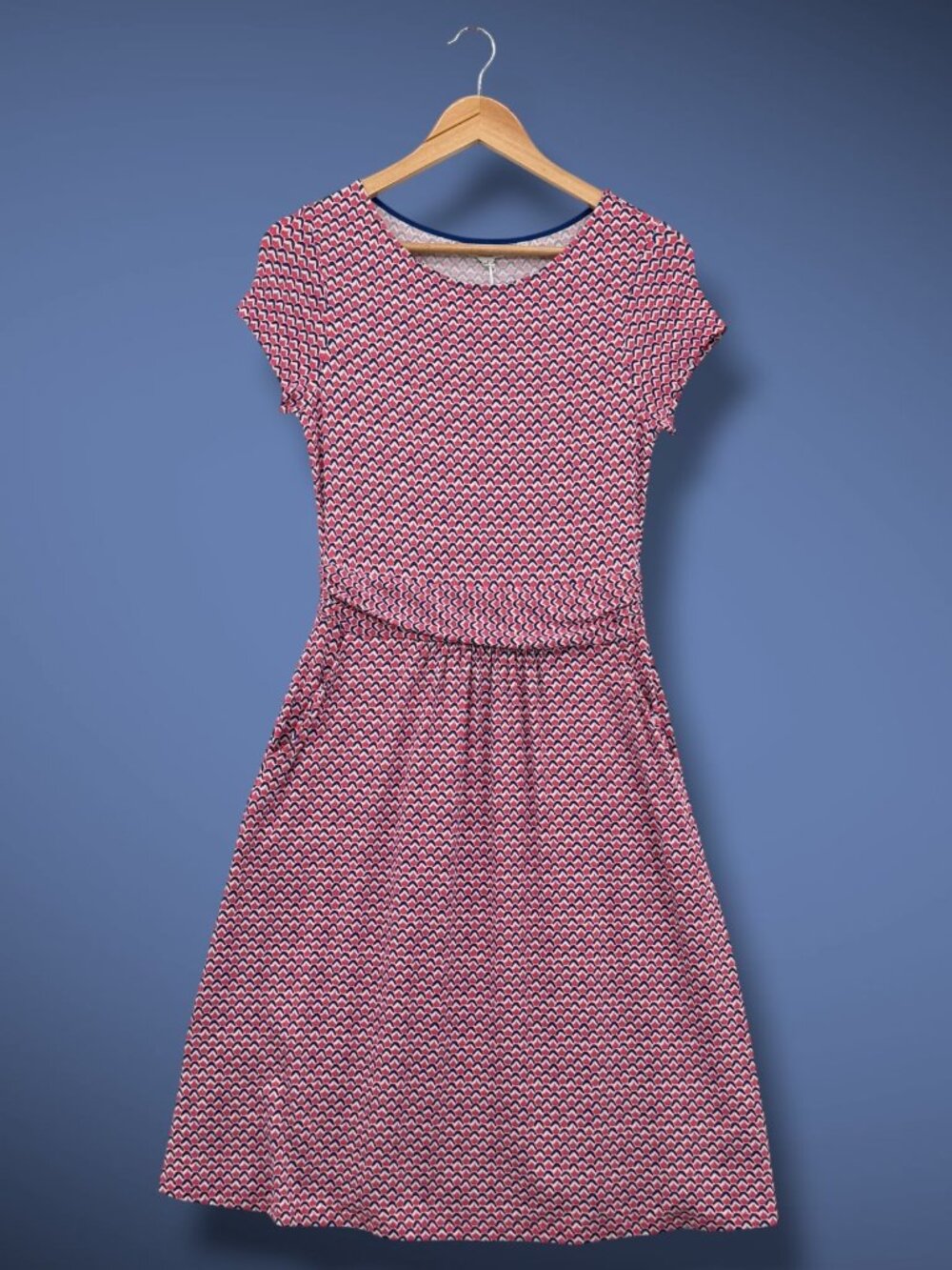 Boden‎ Ruched Waist Geometric Print Jersey A-Line Pocket Dress Red Blue 4R